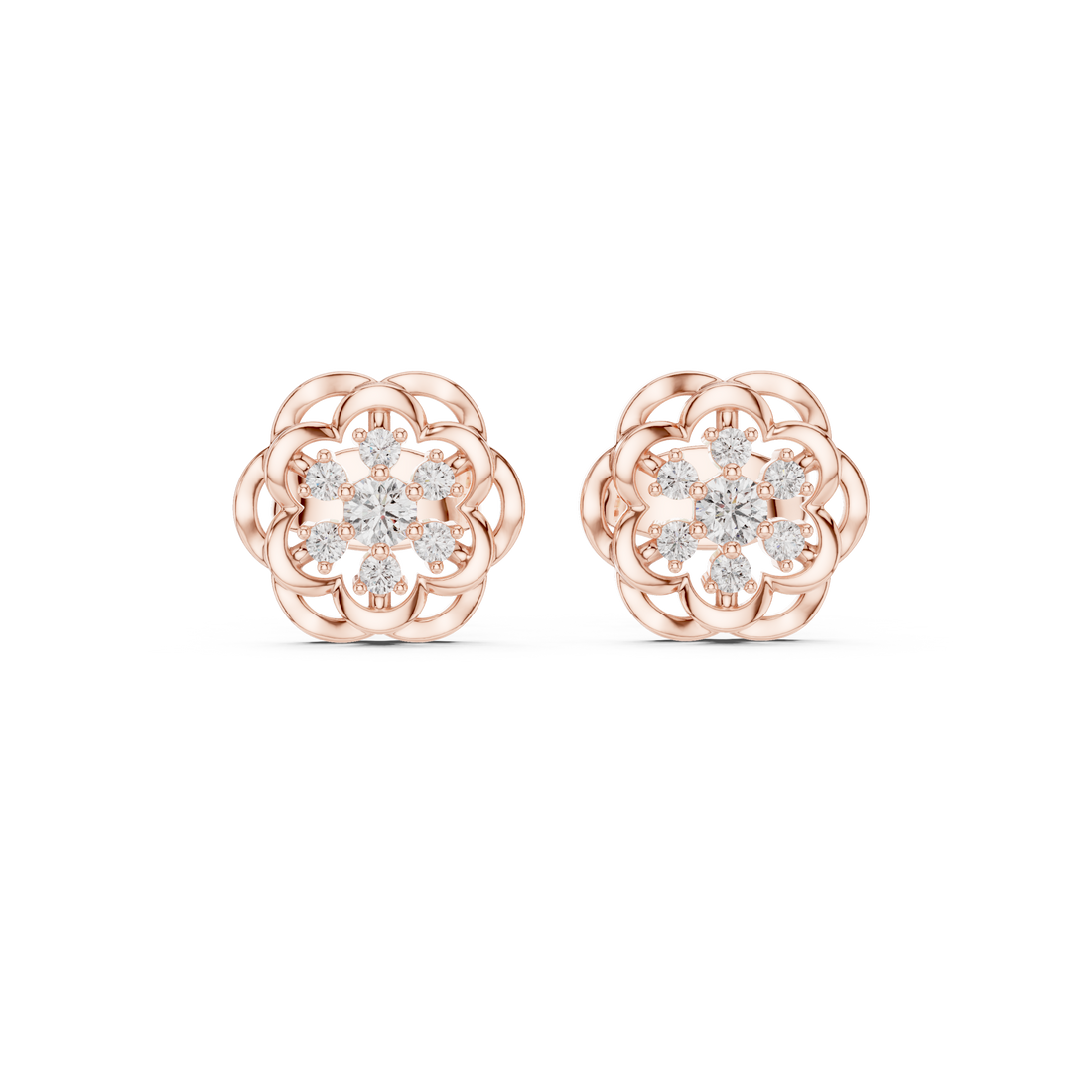 Round Diamond Floral Cluster Lace Halo Stud Earrings with Layered Openwork Design