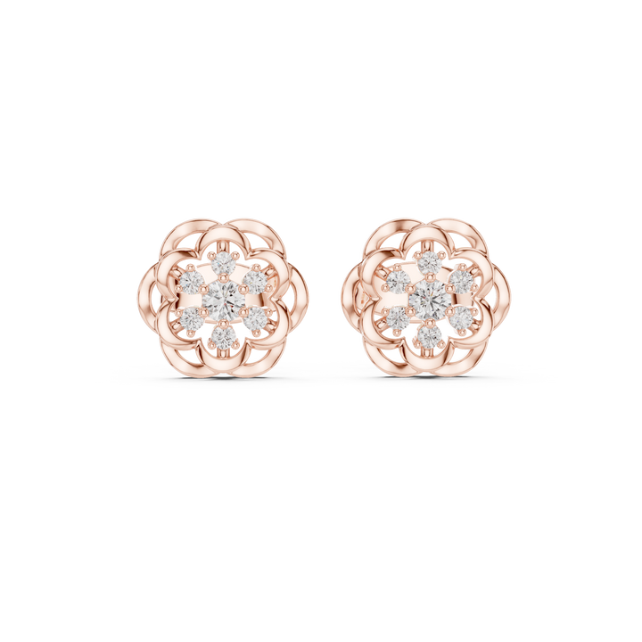 Round Diamond Floral Cluster Lace Halo Stud Earrings with Layered Openwork Design