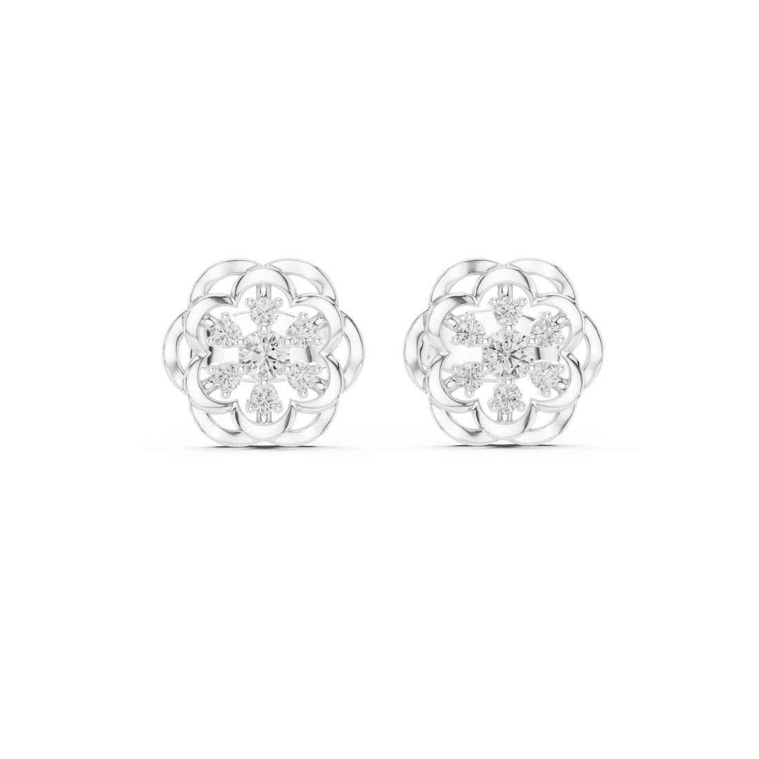 Round Diamond Floral Cluster Lace Halo Stud Earrings with Layered Openwork Design
