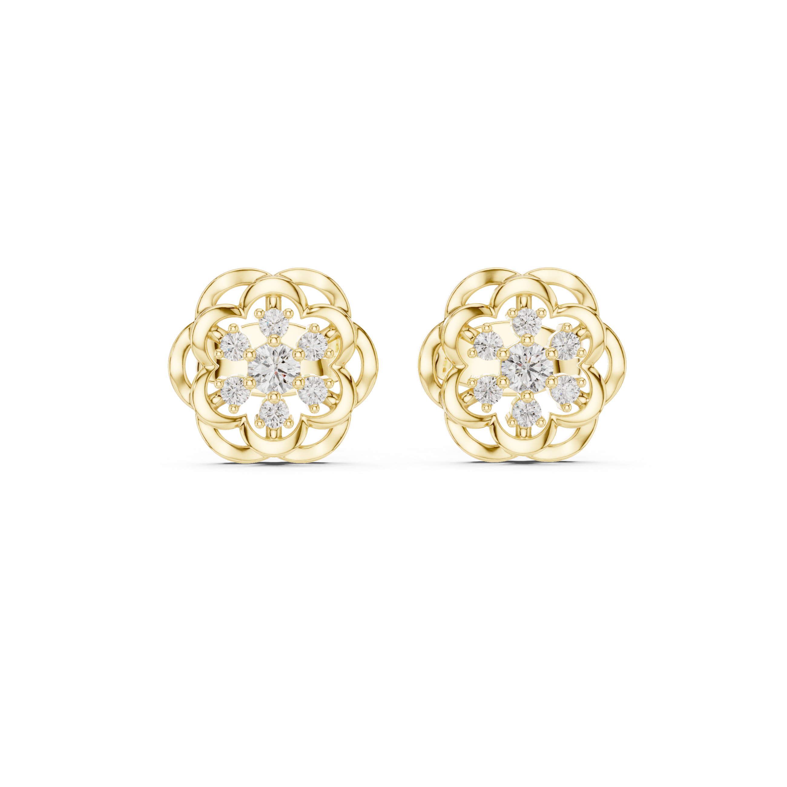 Round Diamond Floral Cluster Lace Halo Stud Earrings with Layered Openwork Design