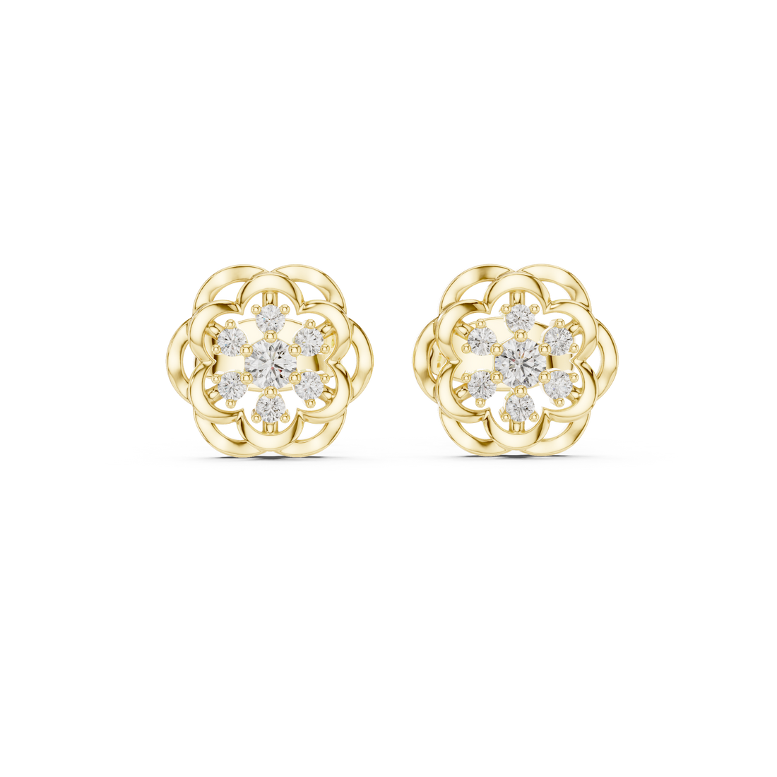 Round Diamond Floral Cluster Lace Halo Stud Earrings with Layered Openwork Design