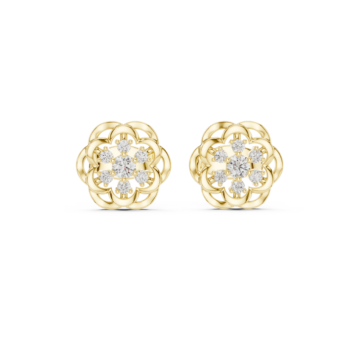 Round Diamond Floral Cluster Lace Halo Stud Earrings with Layered Openwork Design