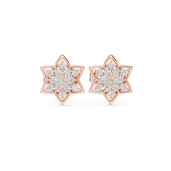 Round Brilliant Diamond Floral Star Cluster Stud Earrings with Open Petal Frame