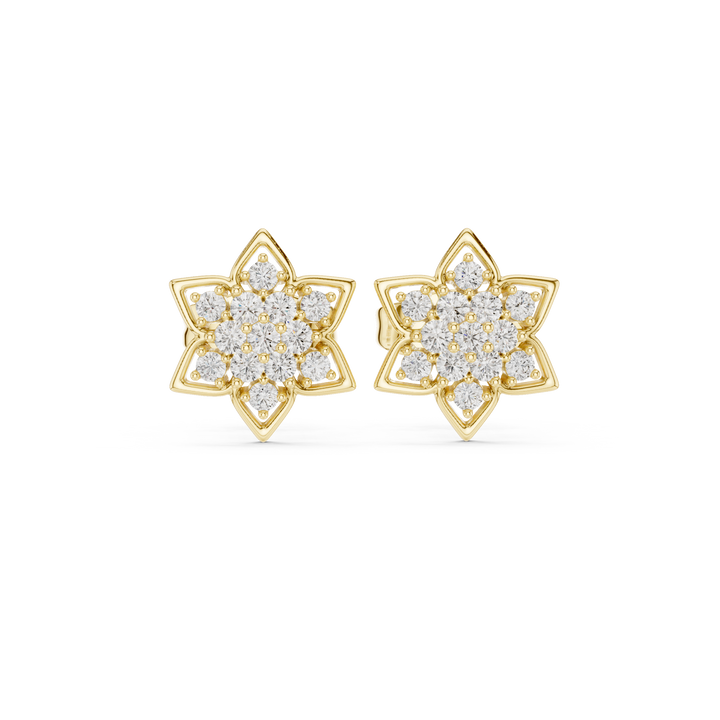 Round Brilliant Diamond Floral Star Cluster Stud Earrings with Open Petal Frame