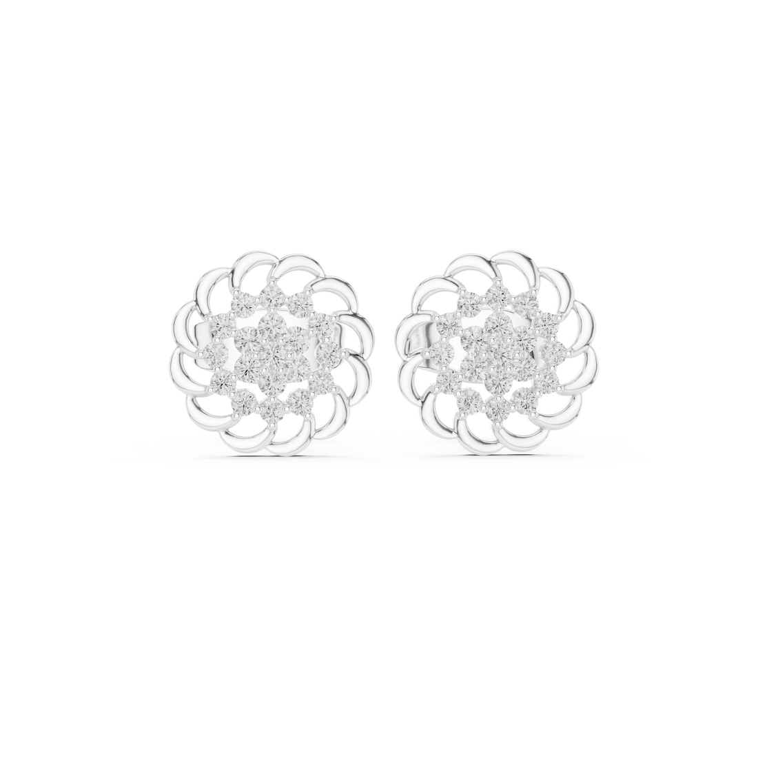 Round Diamond Floral Halo Cluster Stud Earrings