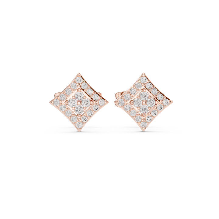 Round Diamond Double Halo Square Cluster Stud Earrings