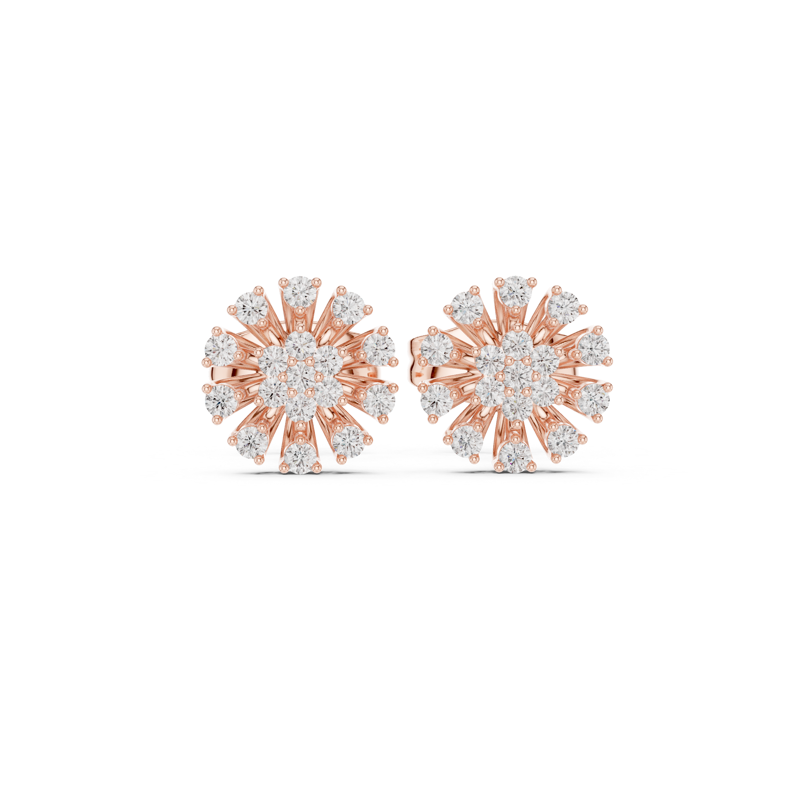 Round Diamond Sunburst Cluster Floral Stud Earrings