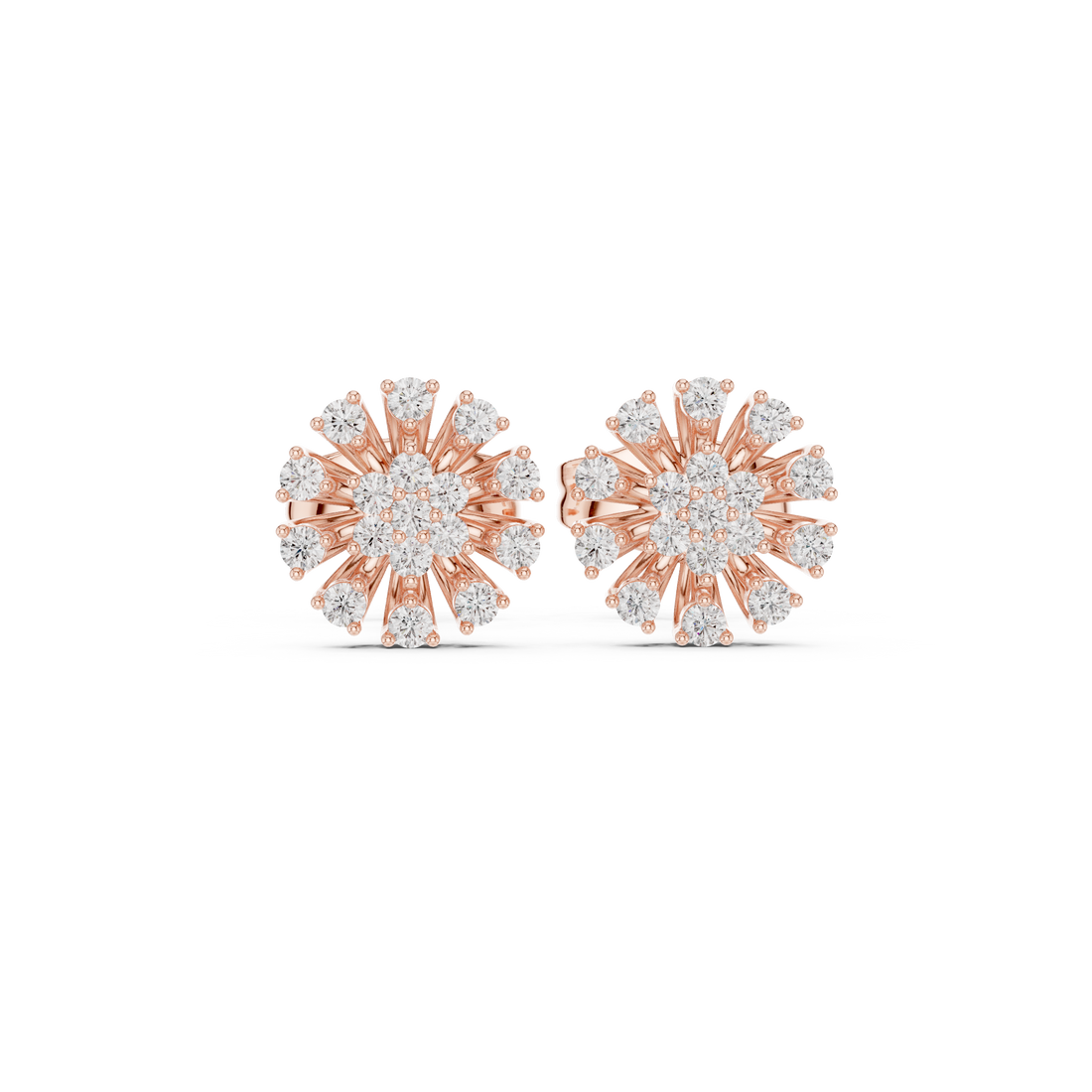 Round Diamond Sunburst Cluster Floral Stud Earrings