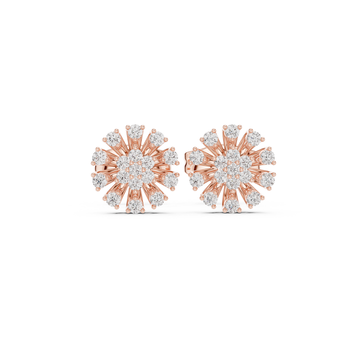 Round Diamond Sunburst Cluster Floral Stud Earrings