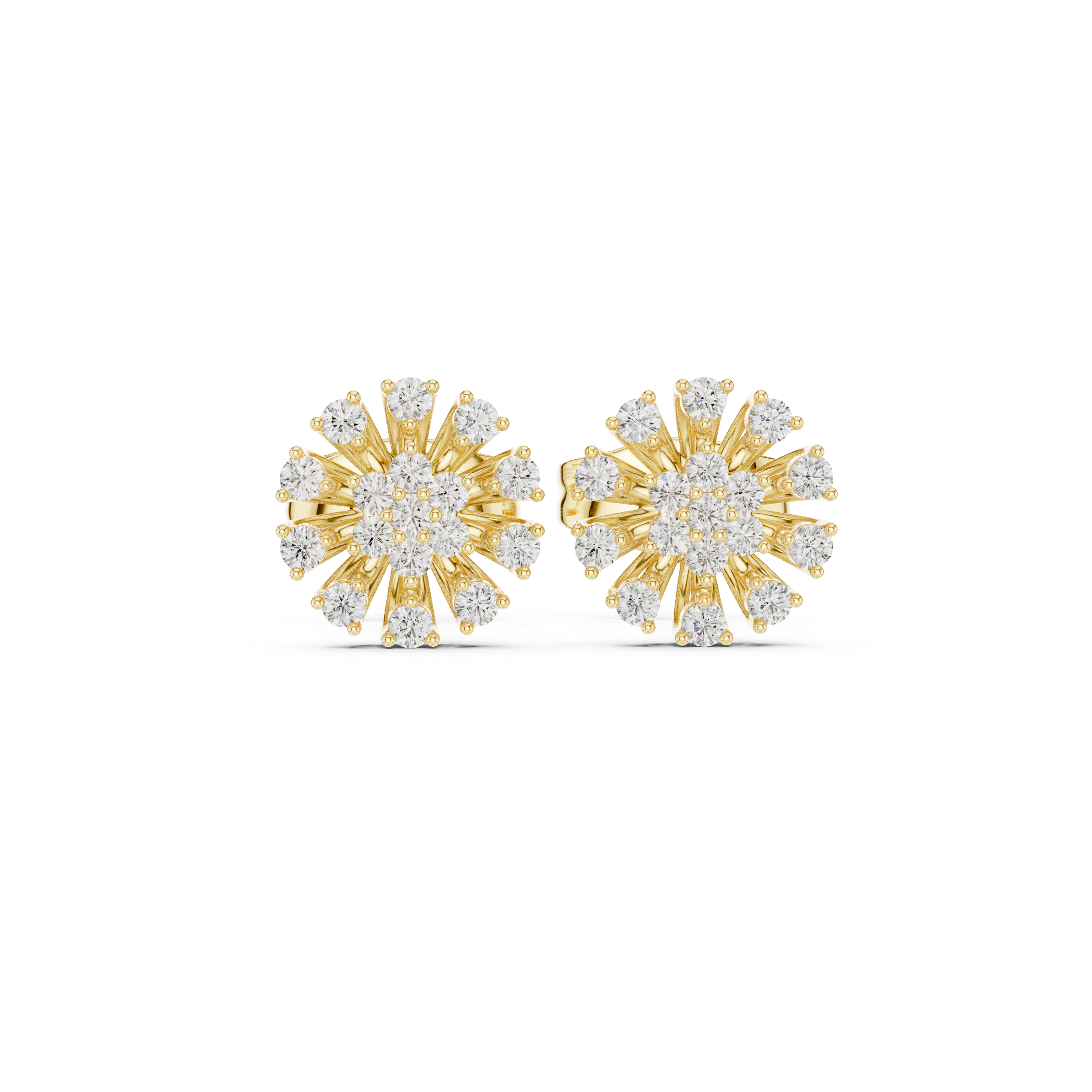 Round Diamond Sunburst Cluster Floral Stud Earrings