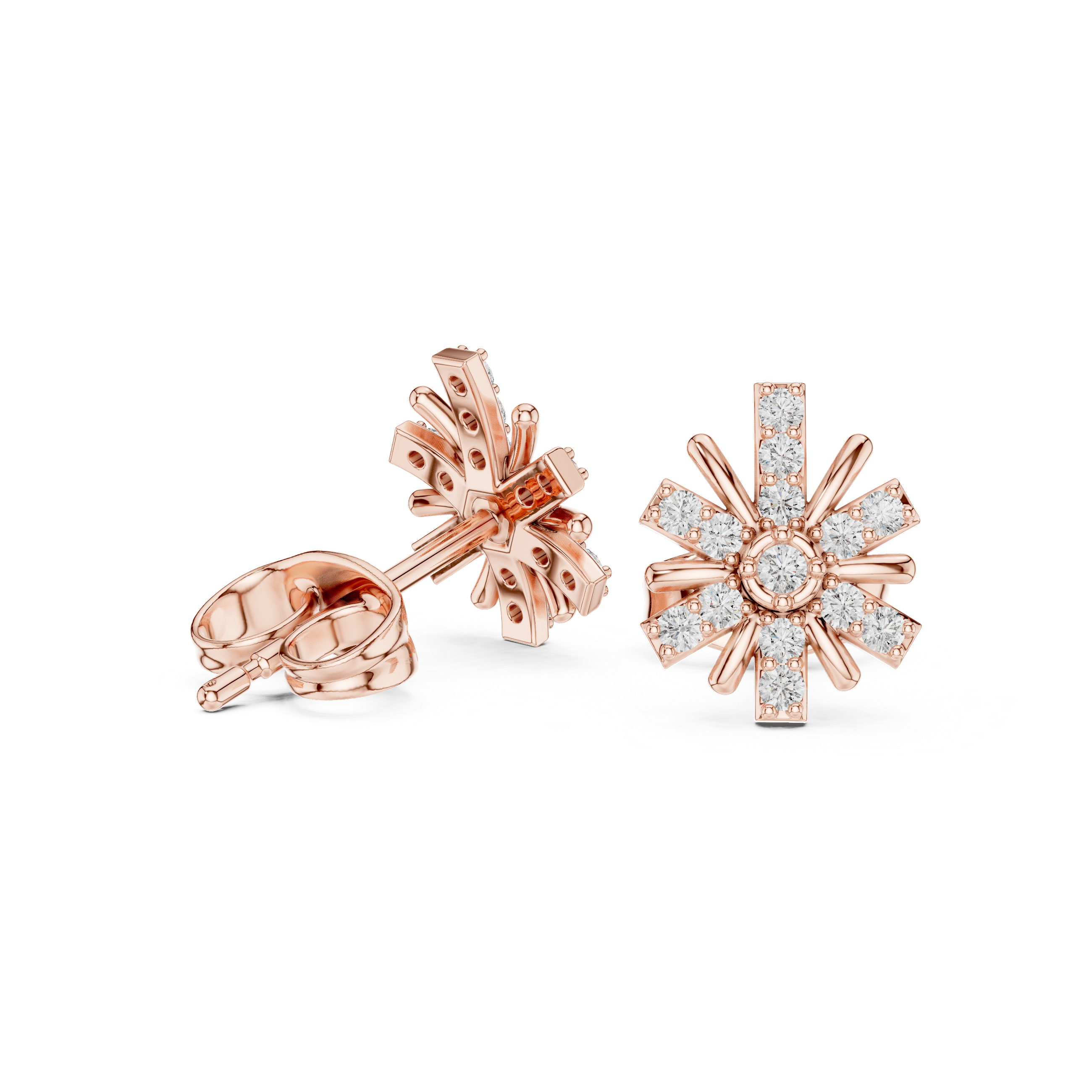 Diamond Round Brilliant Cluster Starburst Floral Stud Earrings
