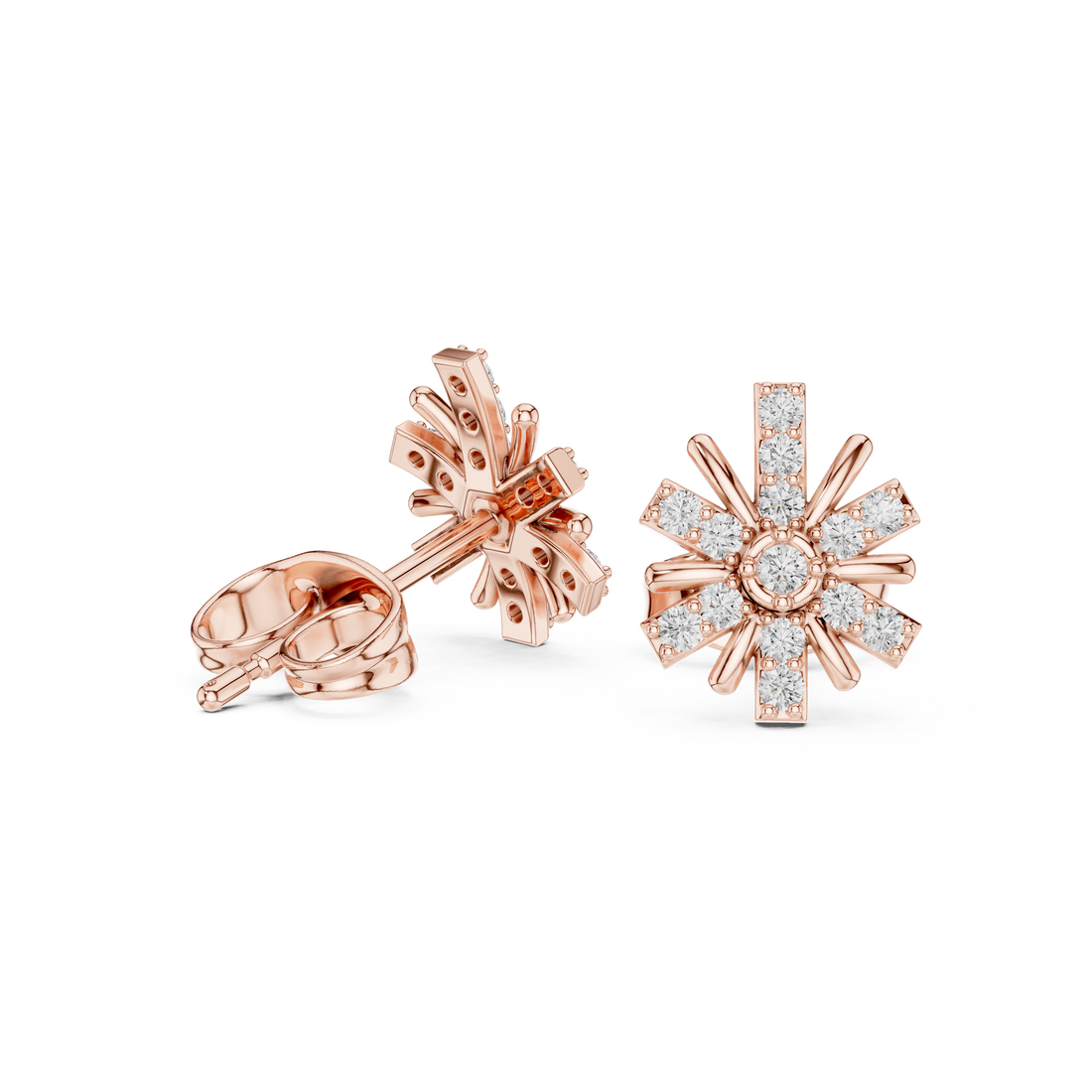 Diamond Round Brilliant Cluster Starburst Floral Stud Earrings