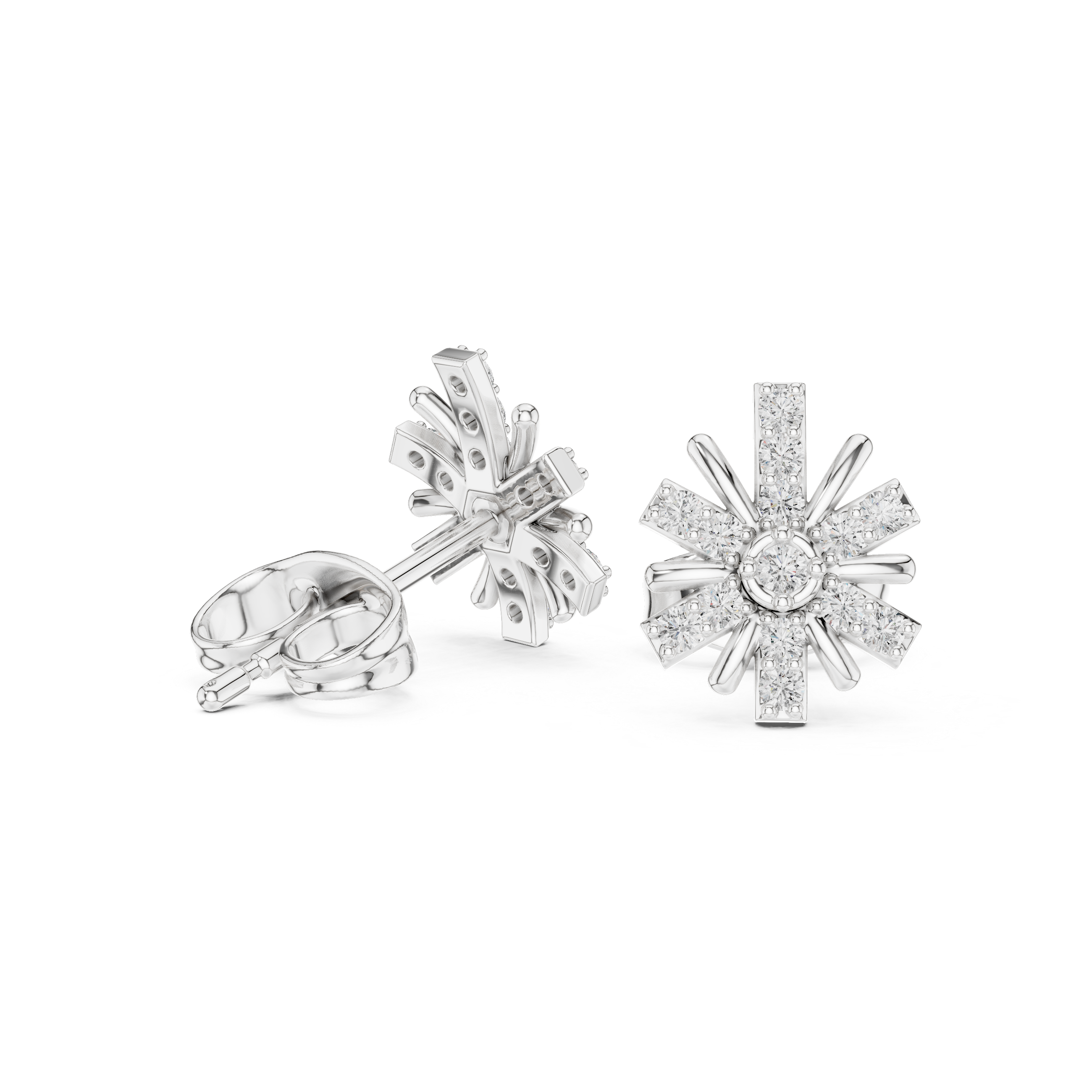 Diamond Round Brilliant Cluster Starburst Floral Stud Earrings