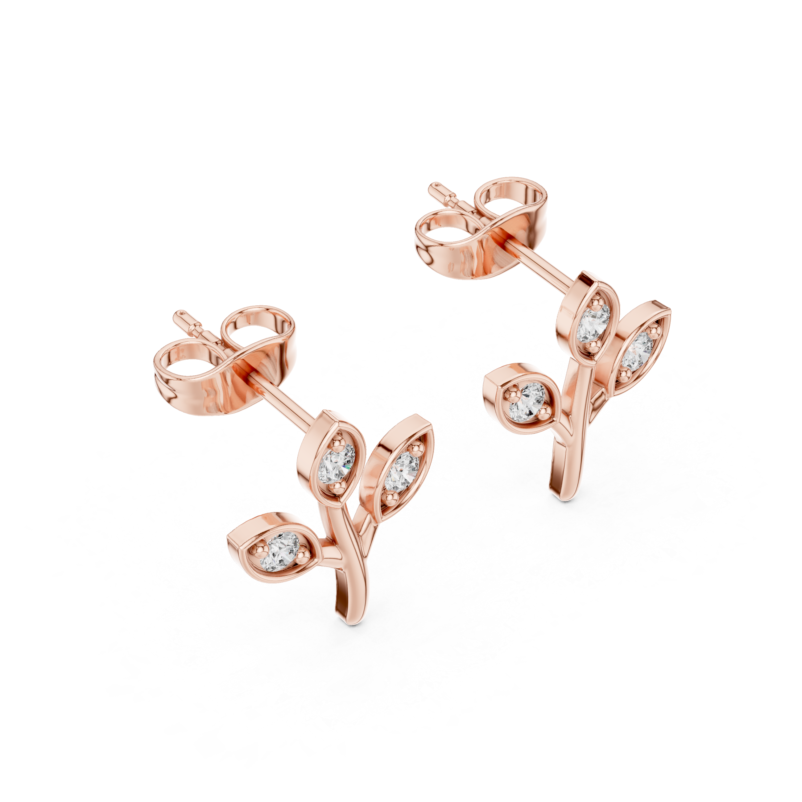 Round Cut Diamond Botanical Branch Stud Earrings