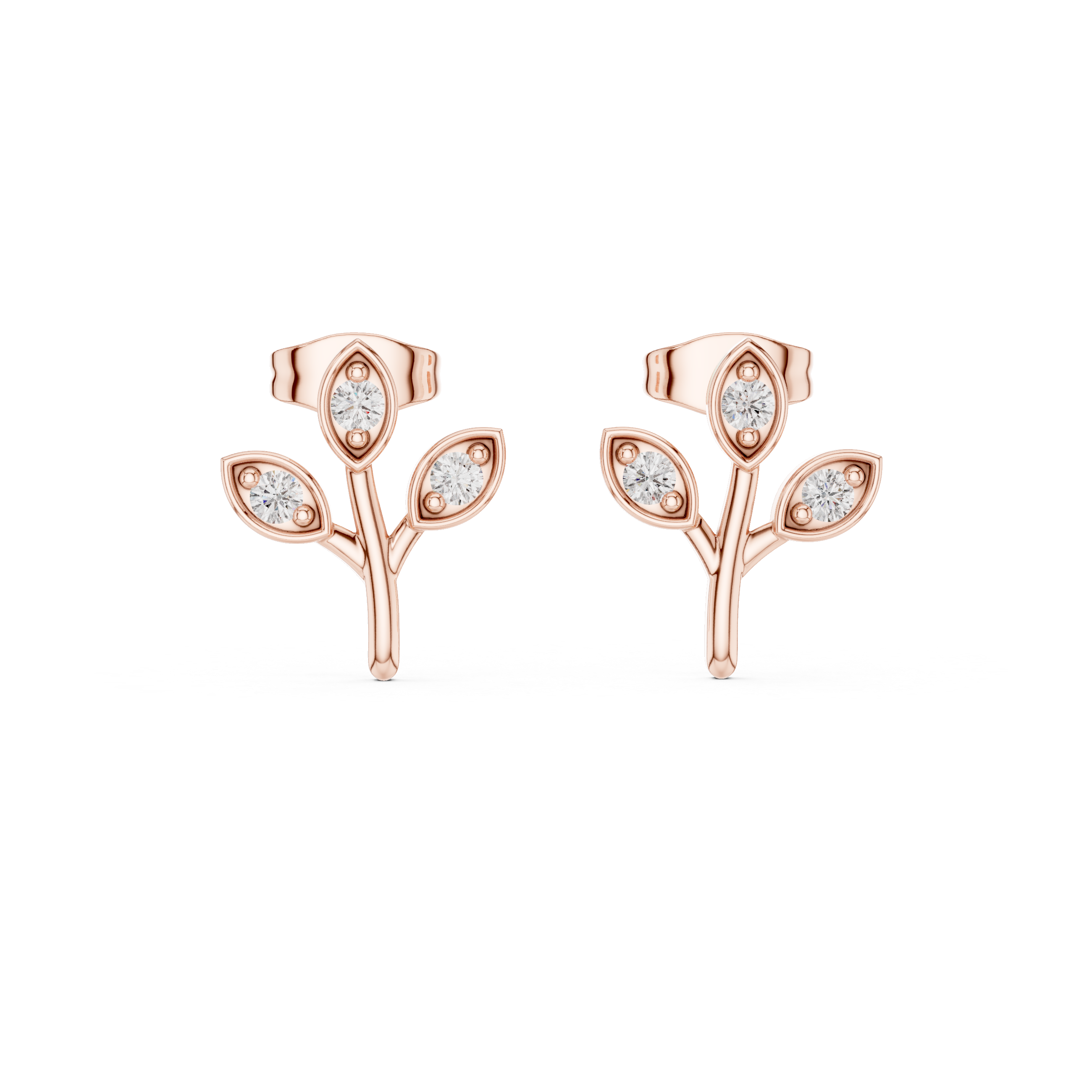 Round Cut Diamond Botanical Branch Stud Earrings
