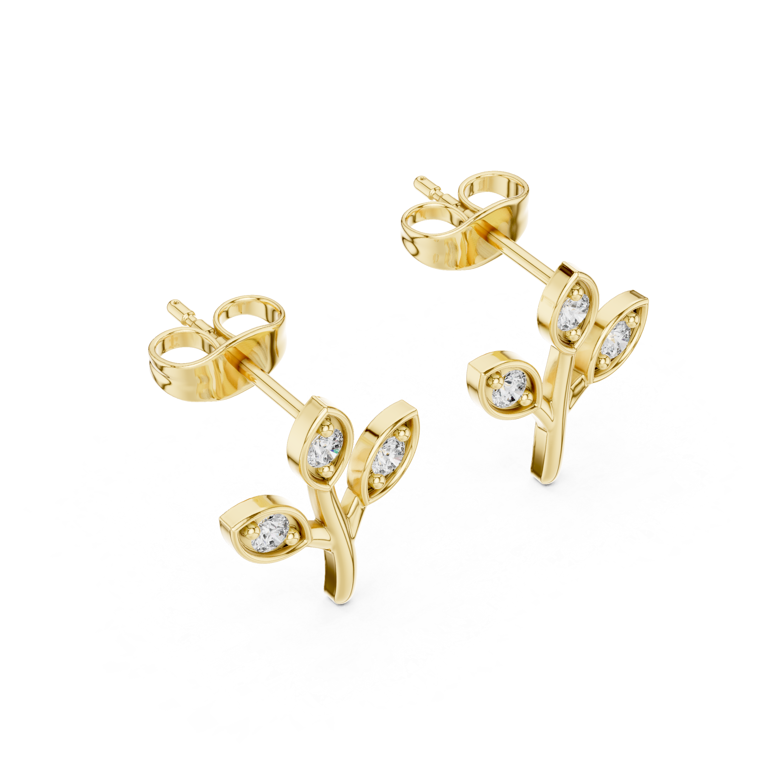 Round Cut Diamond Botanical Branch Stud Earrings