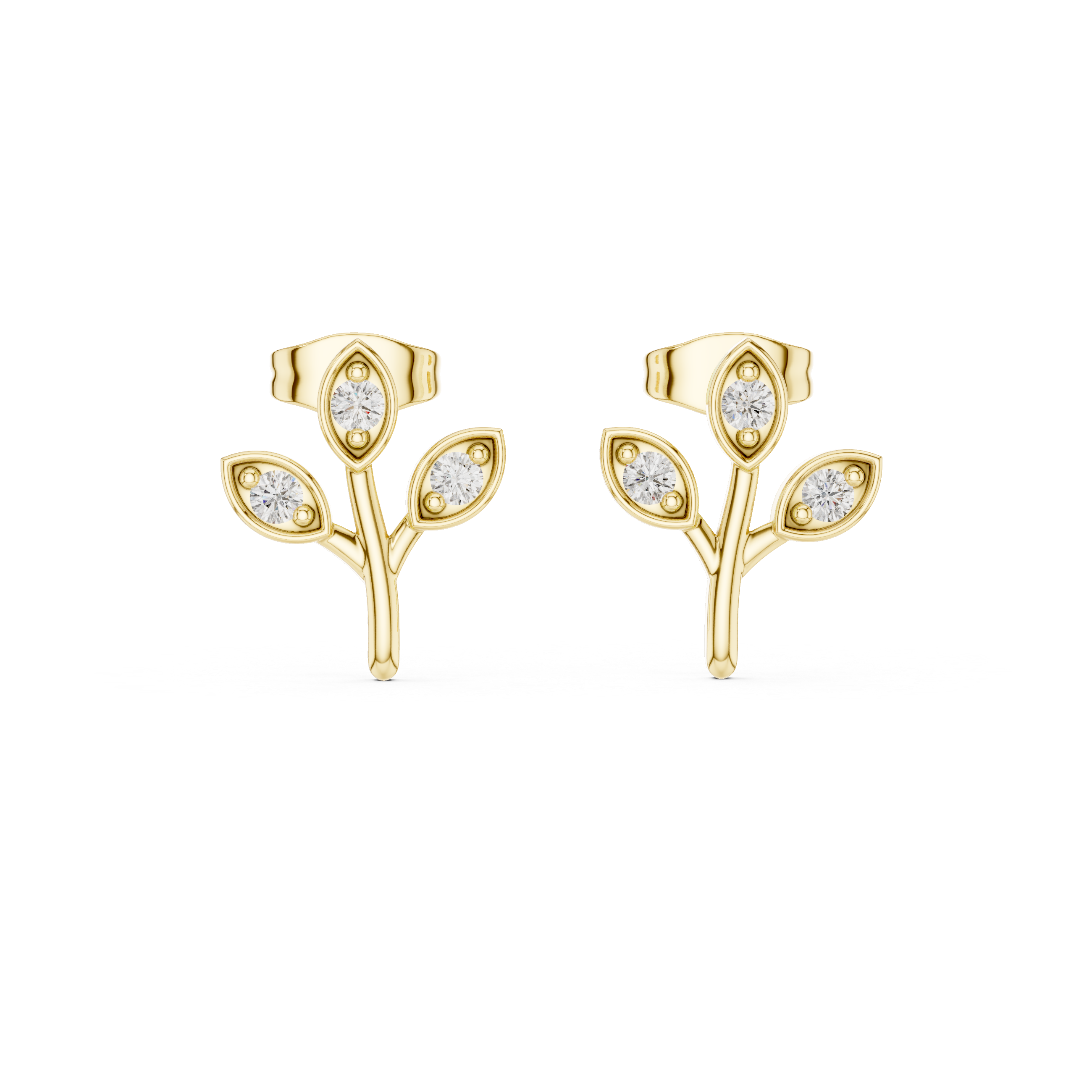 Round Cut Diamond Botanical Branch Stud Earrings
