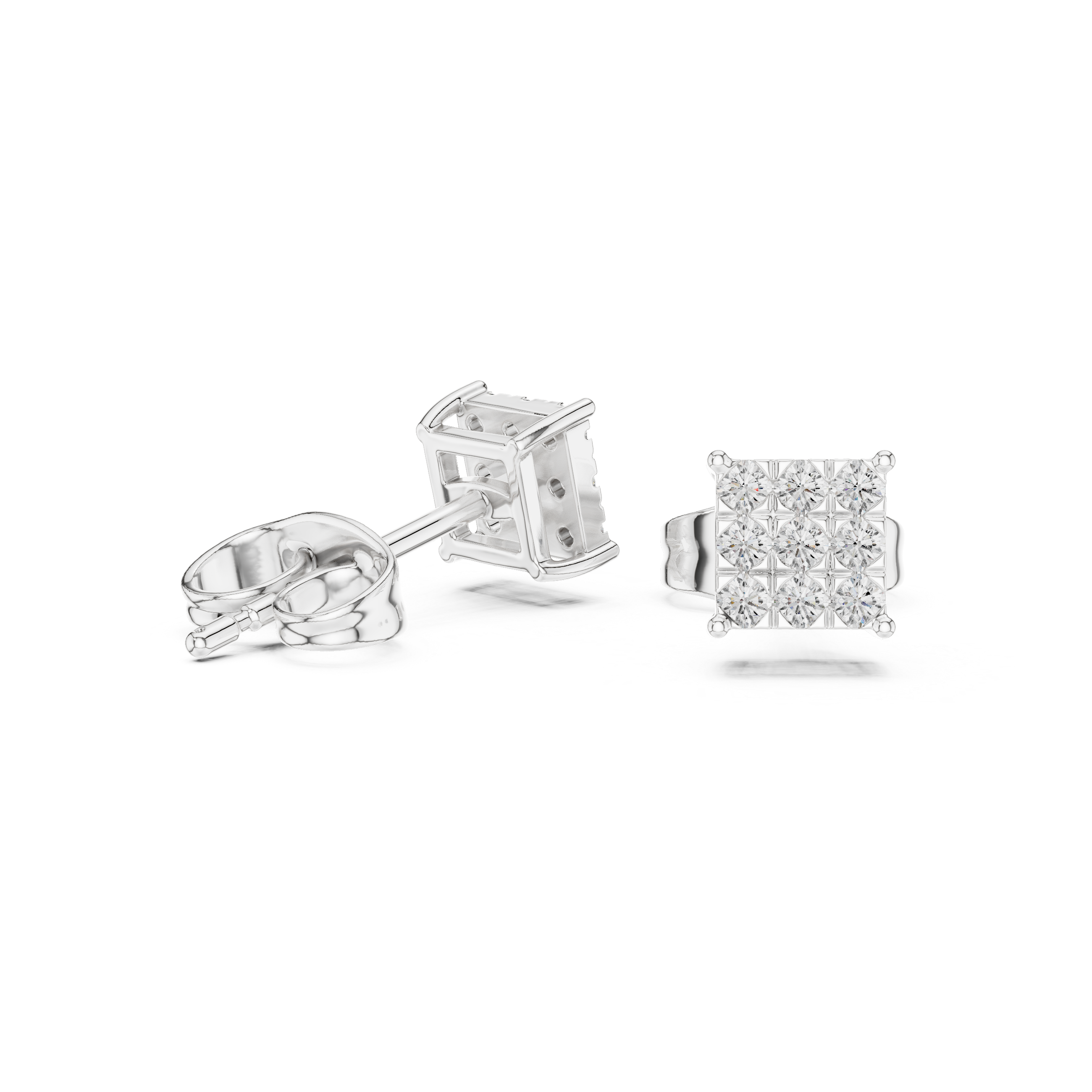 Round Diamond Invisible-Set Square Cluster Stud Earrings with Geometric Brilliance