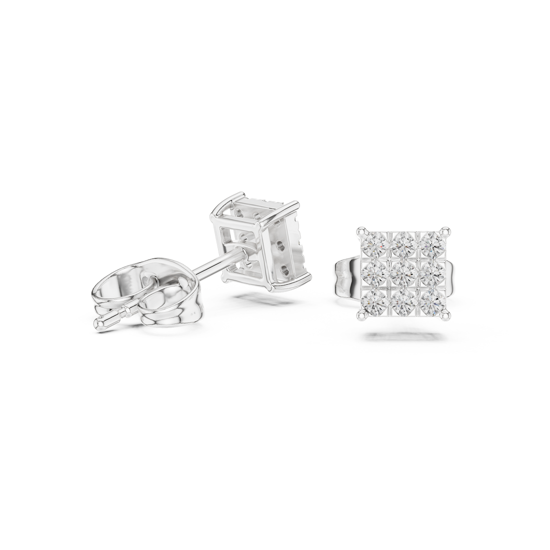 Round Diamond Invisible-Set Square Cluster Stud Earrings with Geometric Brilliance