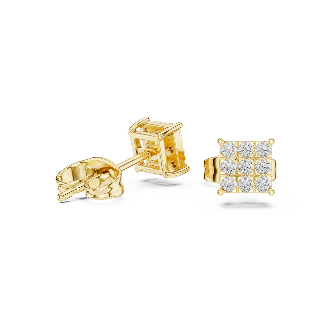 Round Diamond Invisible-Set Square Cluster Stud Earrings with Geometric Brilliance