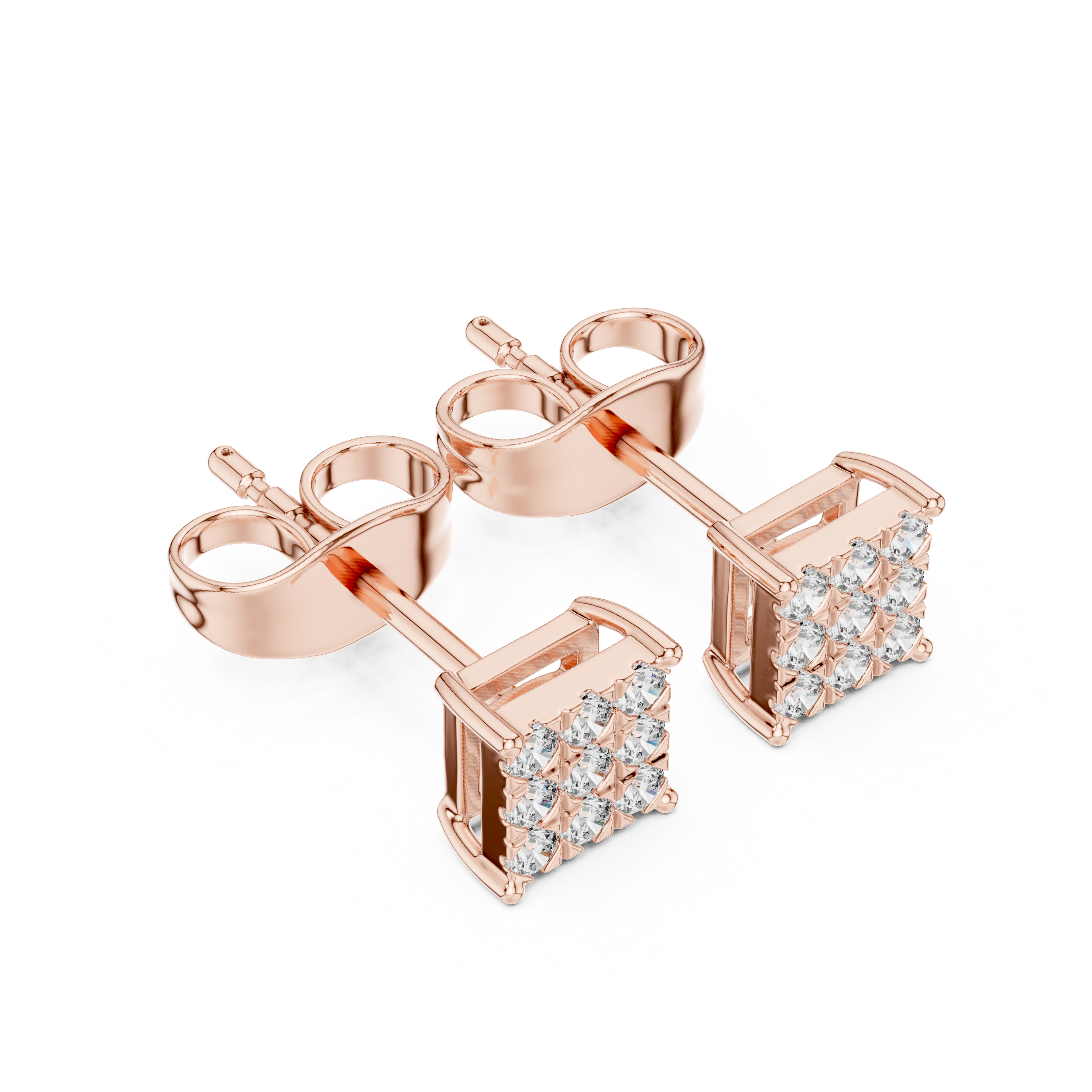 Round Diamond Invisible-Set Square Cluster Stud Earrings with Geometric Brilliance