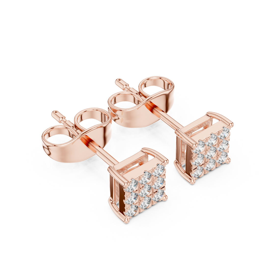 Round Diamond Invisible-Set Square Cluster Stud Earrings with Geometric Brilliance