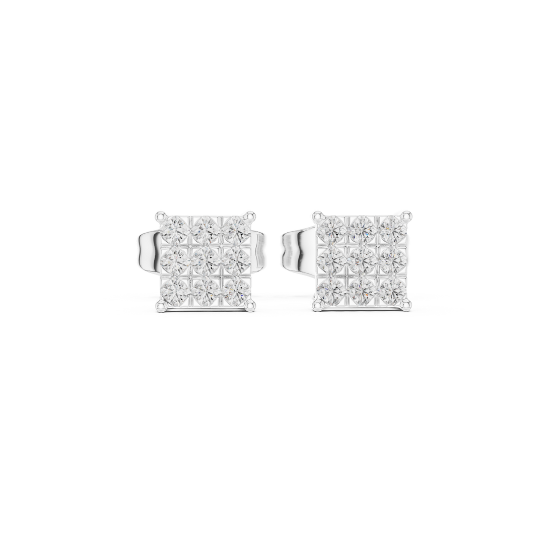 Round Diamond Invisible-Set Square Cluster Stud Earrings with Geometric Brilliance
