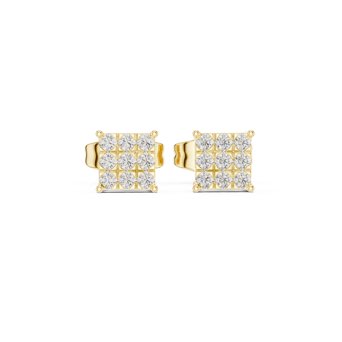 Round Diamond Invisible-Set Square Cluster Stud Earrings with Geometric Brilliance