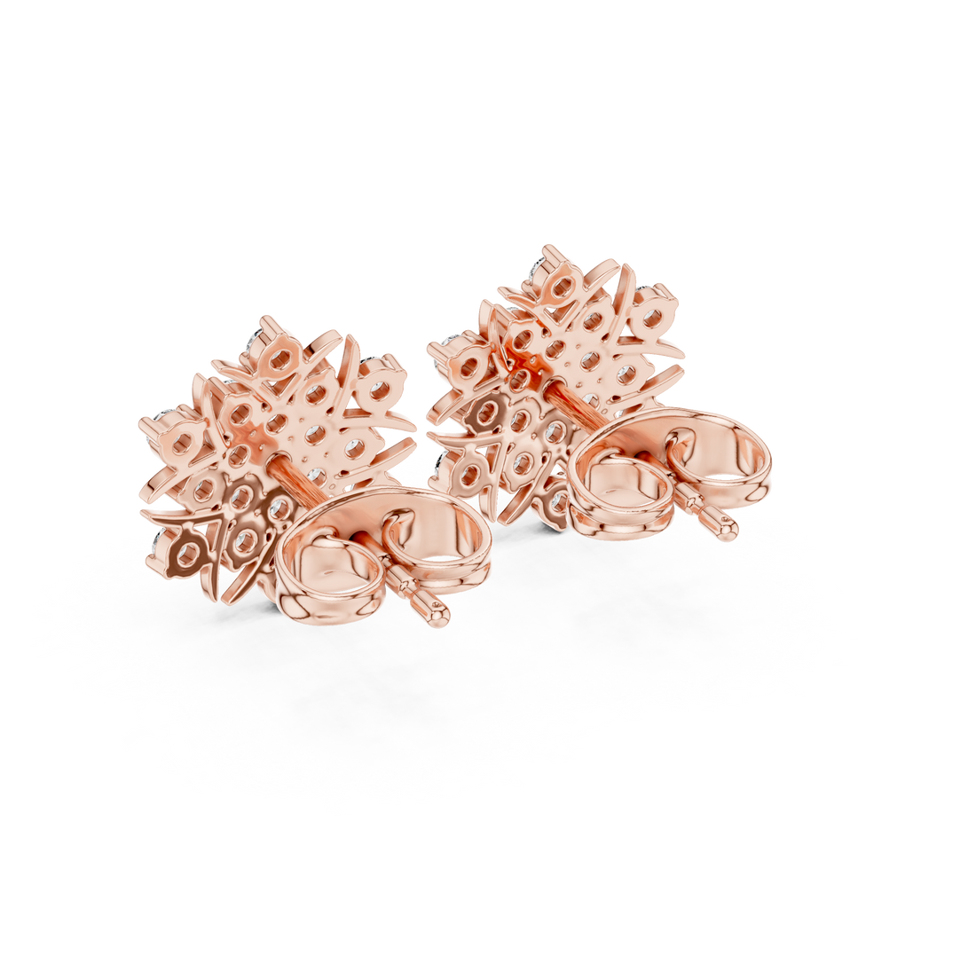 Round Diamond Floral Sunburst Cluster Stud Earrings with Bezel and Collet Setting