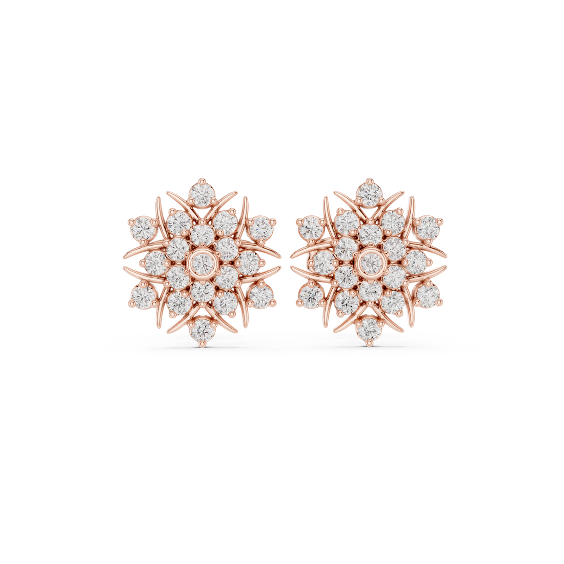 Round Diamond Floral Sunburst Cluster Stud Earrings with Bezel and Collet Setting