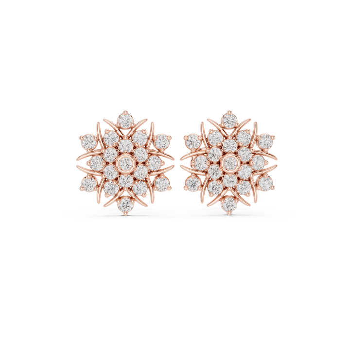 Round Diamond Floral Sunburst Cluster Stud Earrings with Bezel and Collet Setting