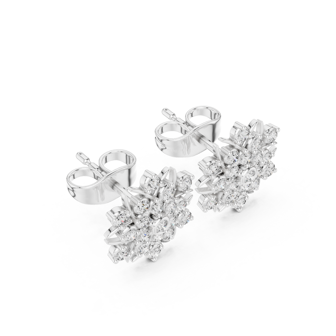 Round Diamond Floral Sunburst Cluster Stud Earrings with Bezel and Collet Setting