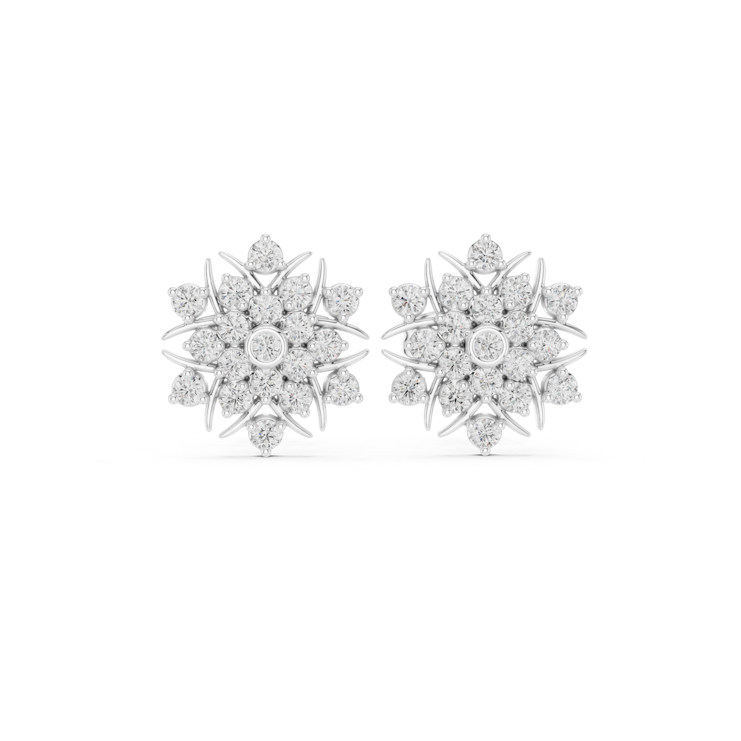 Round Diamond Floral Sunburst Cluster Stud Earrings with Bezel and Collet Setting