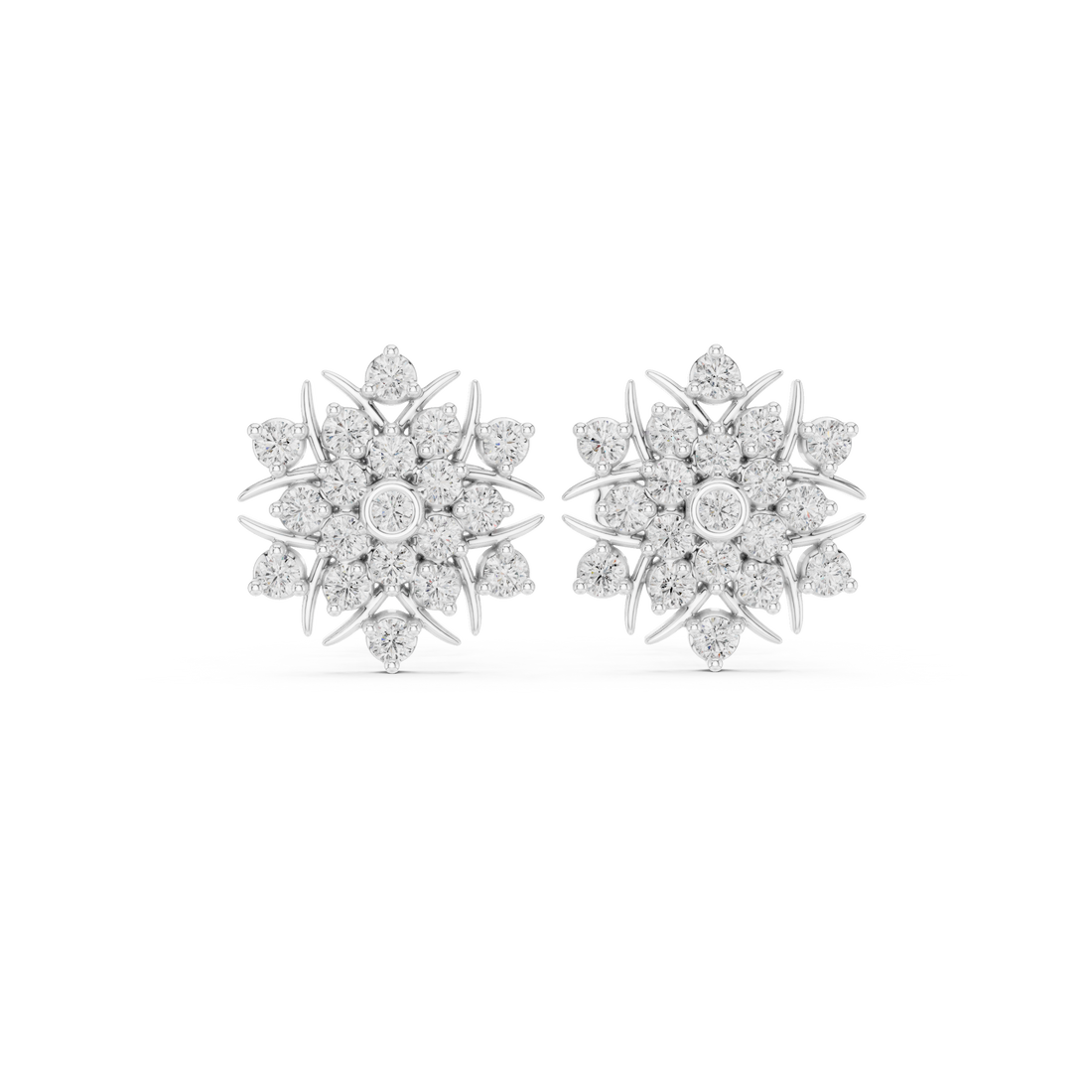 Round Diamond Floral Sunburst Cluster Stud Earrings with Bezel and Collet Setting