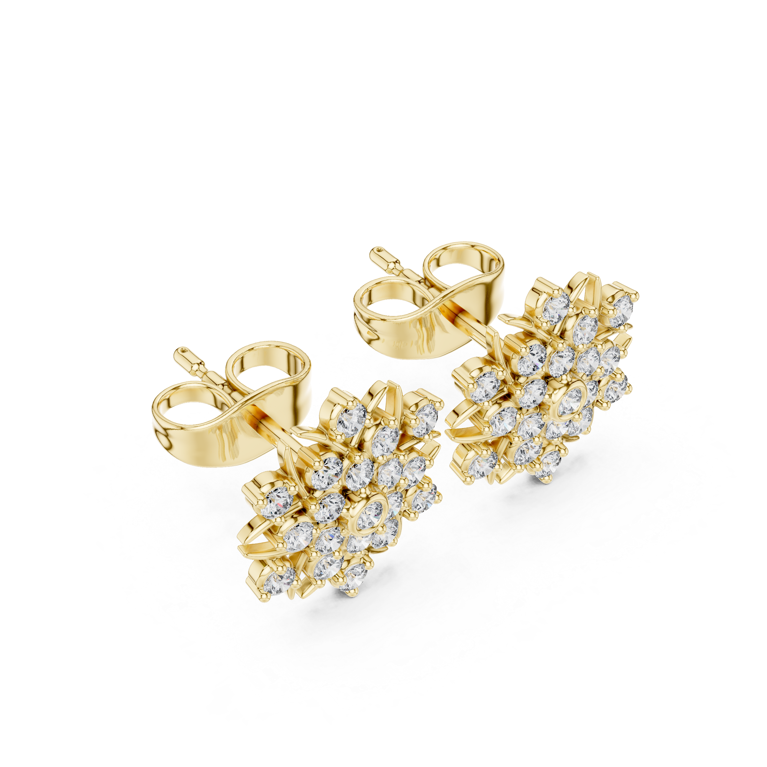 Round Diamond Floral Sunburst Cluster Stud Earrings with Bezel and Collet Setting