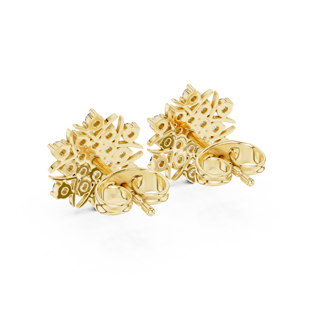 Round Diamond Floral Sunburst Cluster Stud Earrings with Bezel and Collet Setting