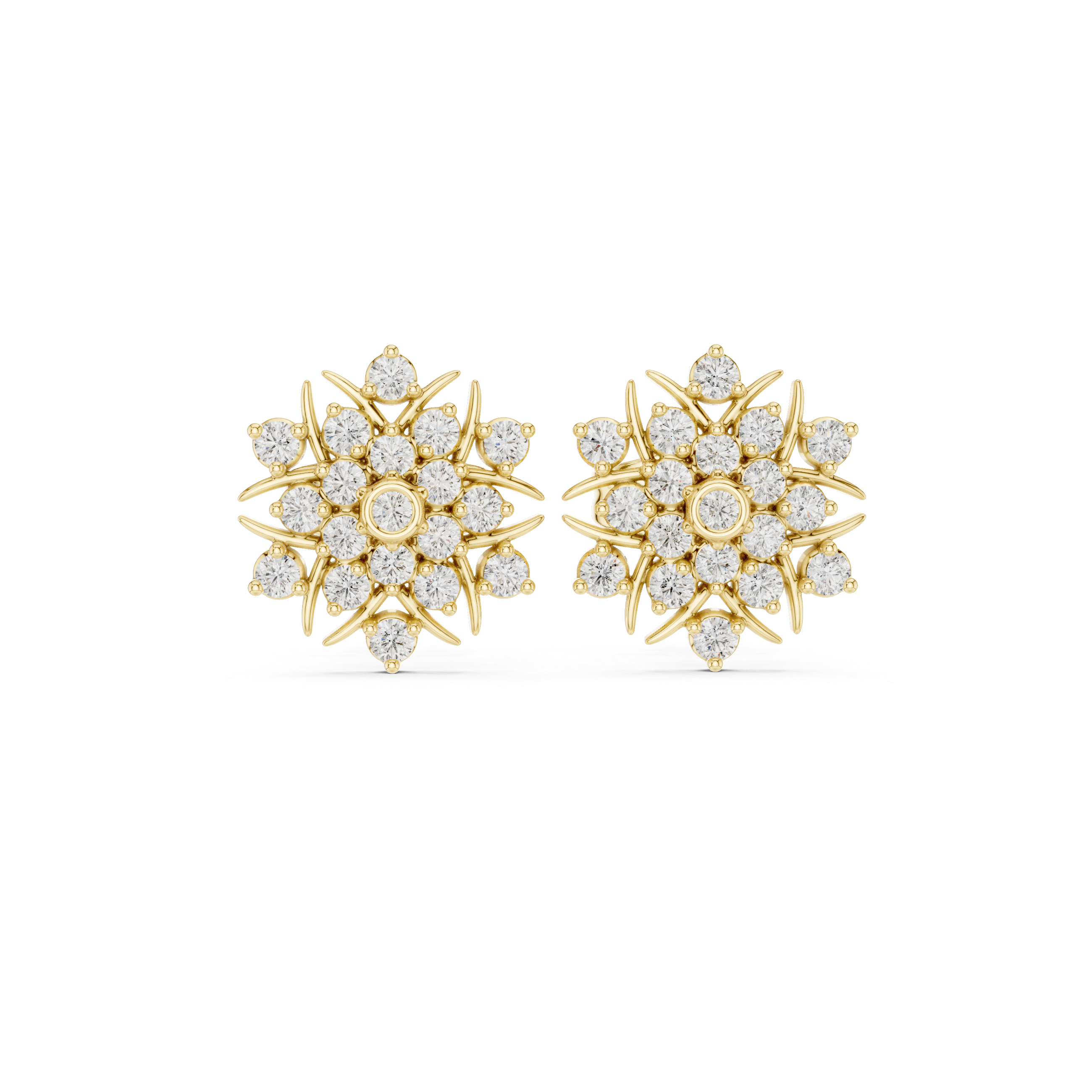 Round Diamond Floral Sunburst Cluster Stud Earrings with Bezel and Collet Setting