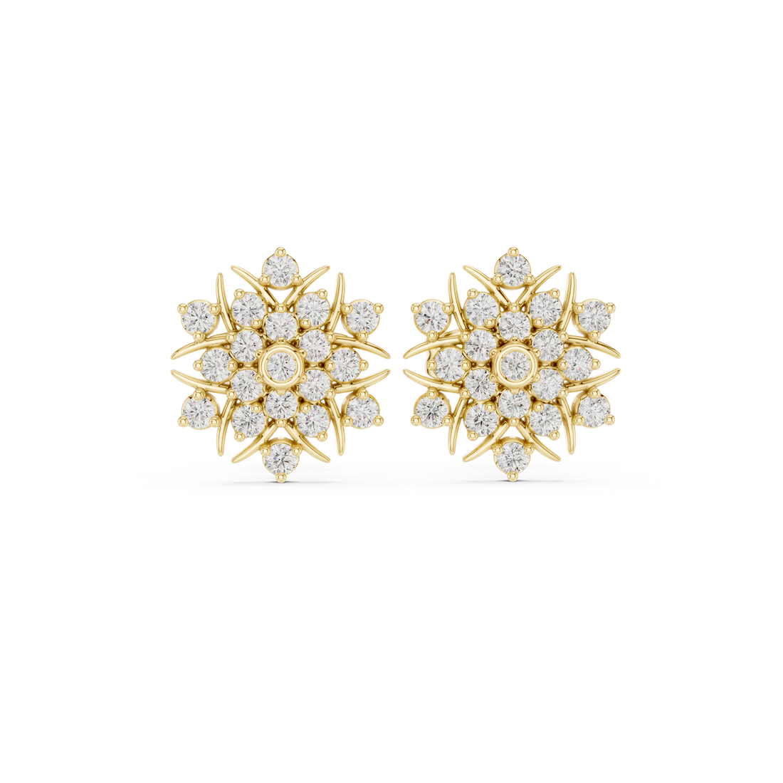 Round Diamond Floral Sunburst Cluster Stud Earrings with Bezel and Collet Setting