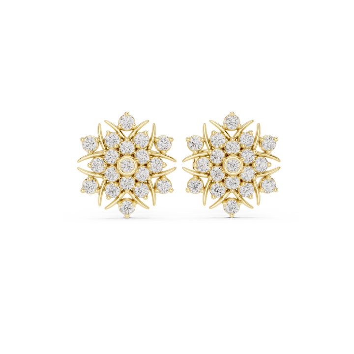 Round Diamond Floral Sunburst Cluster Stud Earrings with Bezel and Collet Setting