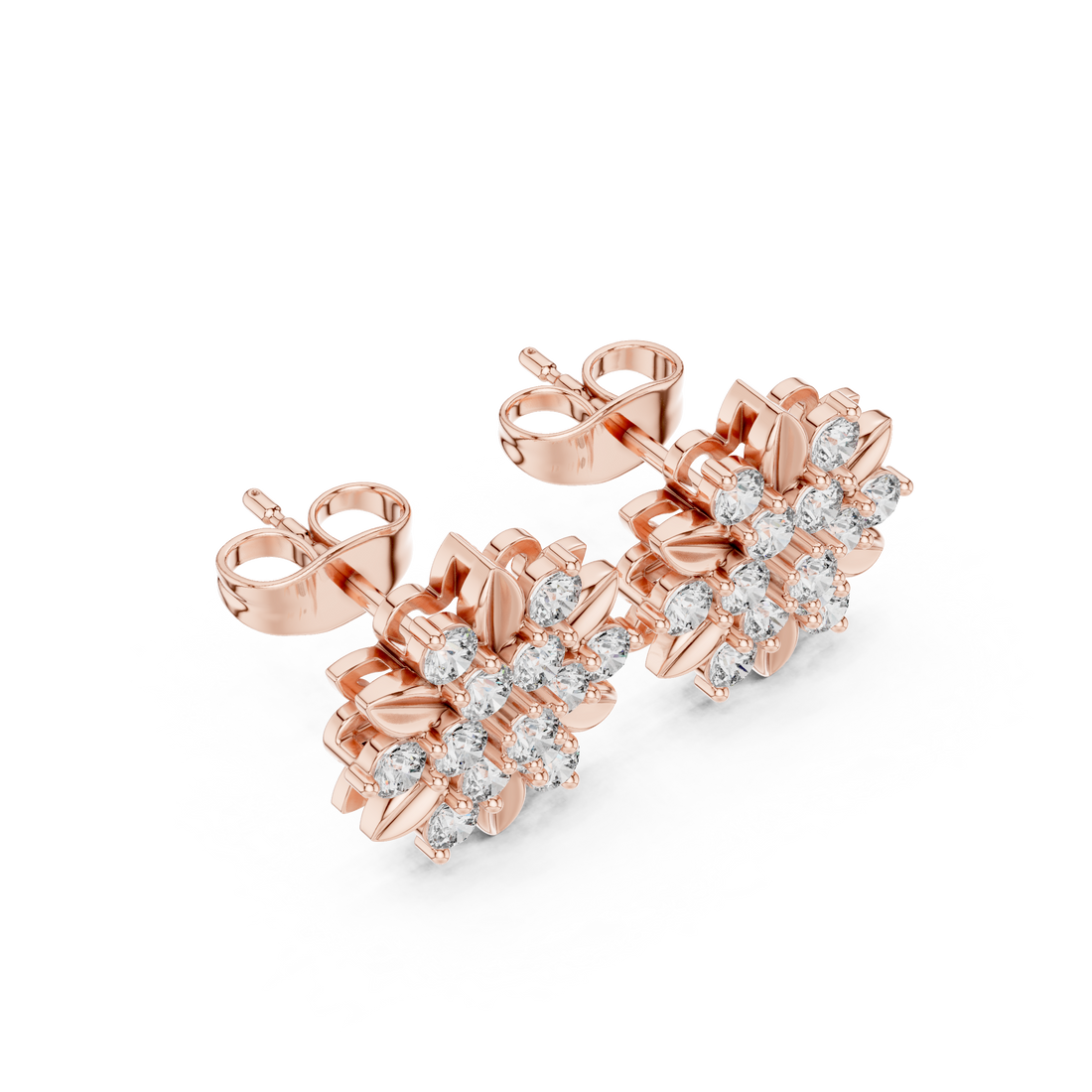 Floral cluster stud earrings with round diamonds and textured petals