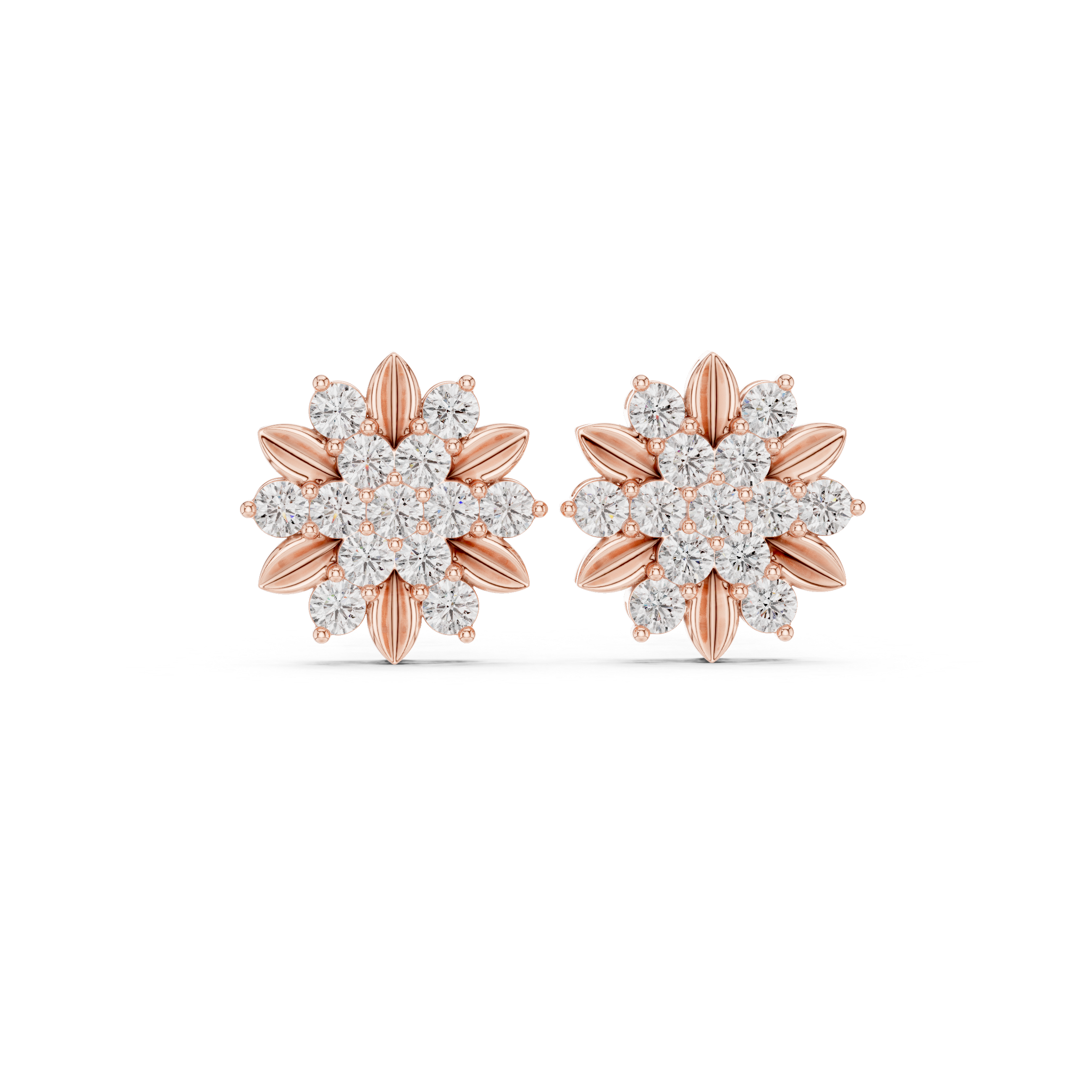 Round diamond floral cluster stud earrings with textured petals