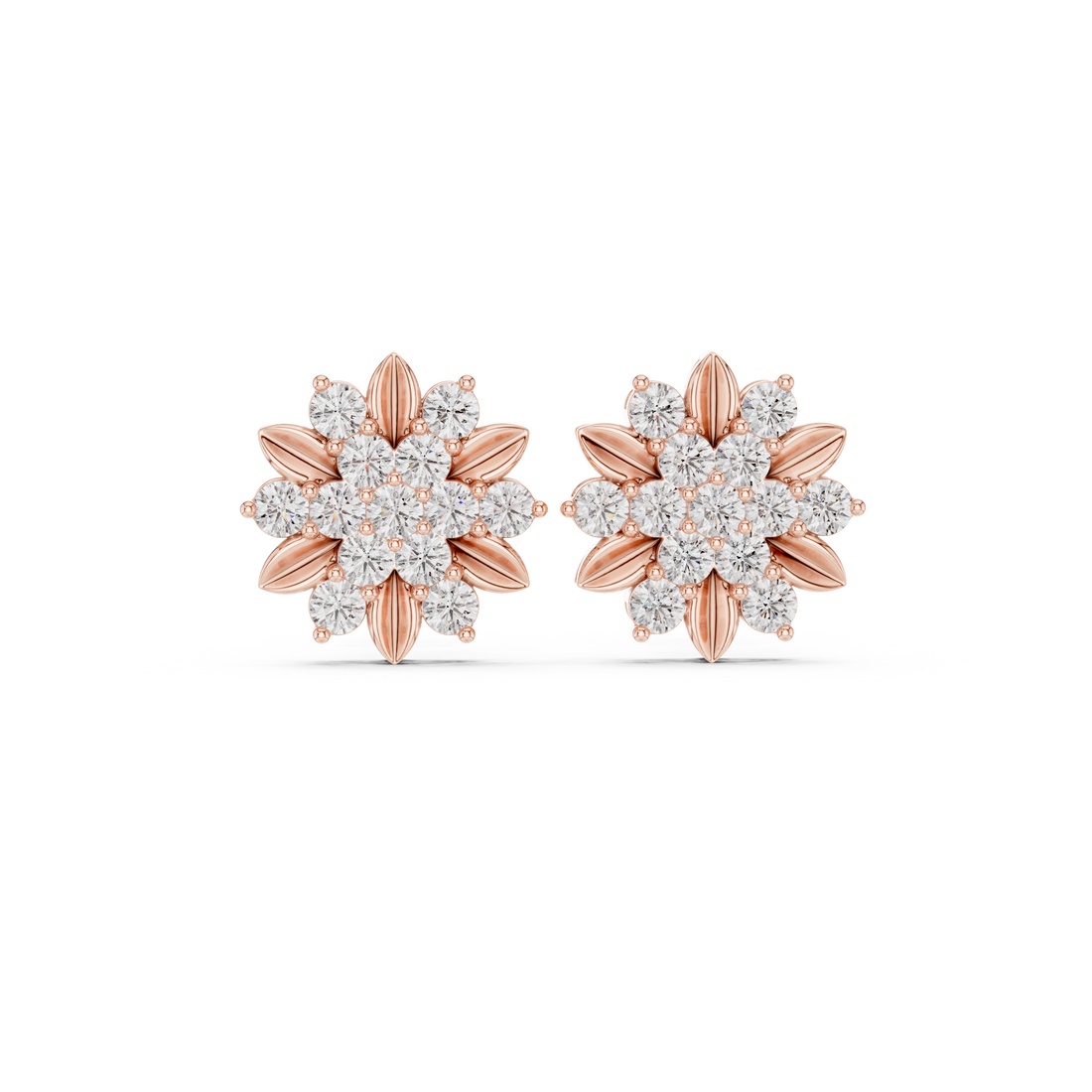 Round diamond floral cluster stud earrings with textured petals