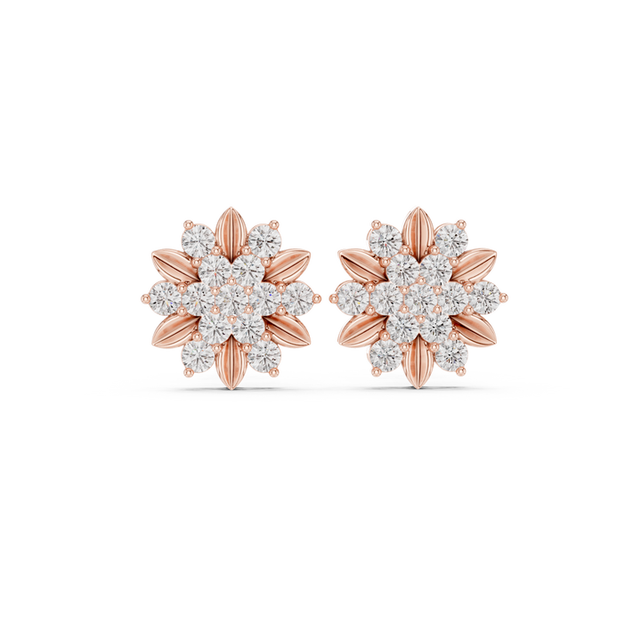 Round diamond floral cluster stud earrings with textured petals
