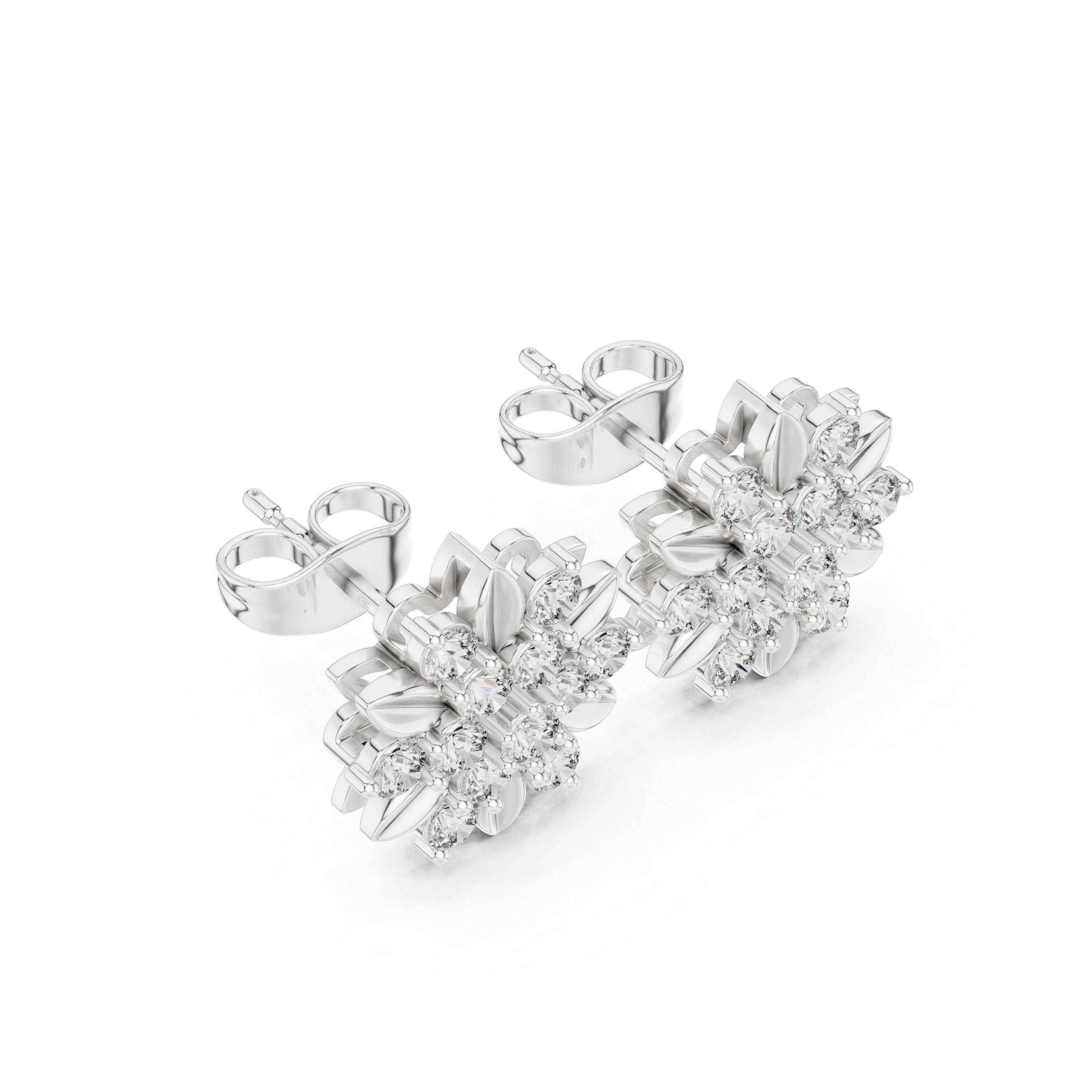 Sparkling round diamond floral stud earrings close-up textured petals