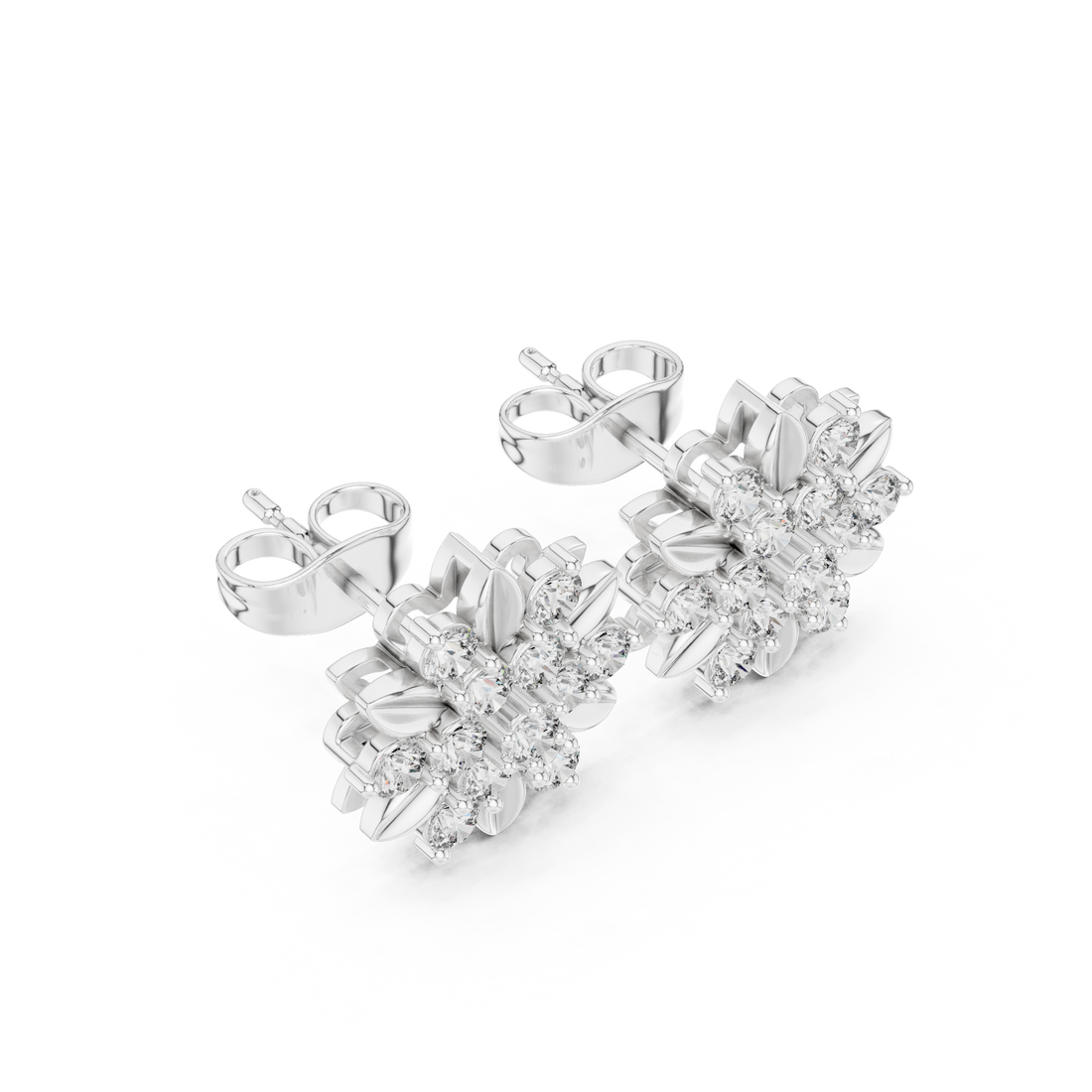 Sparkling round diamond floral stud earrings close-up textured petals