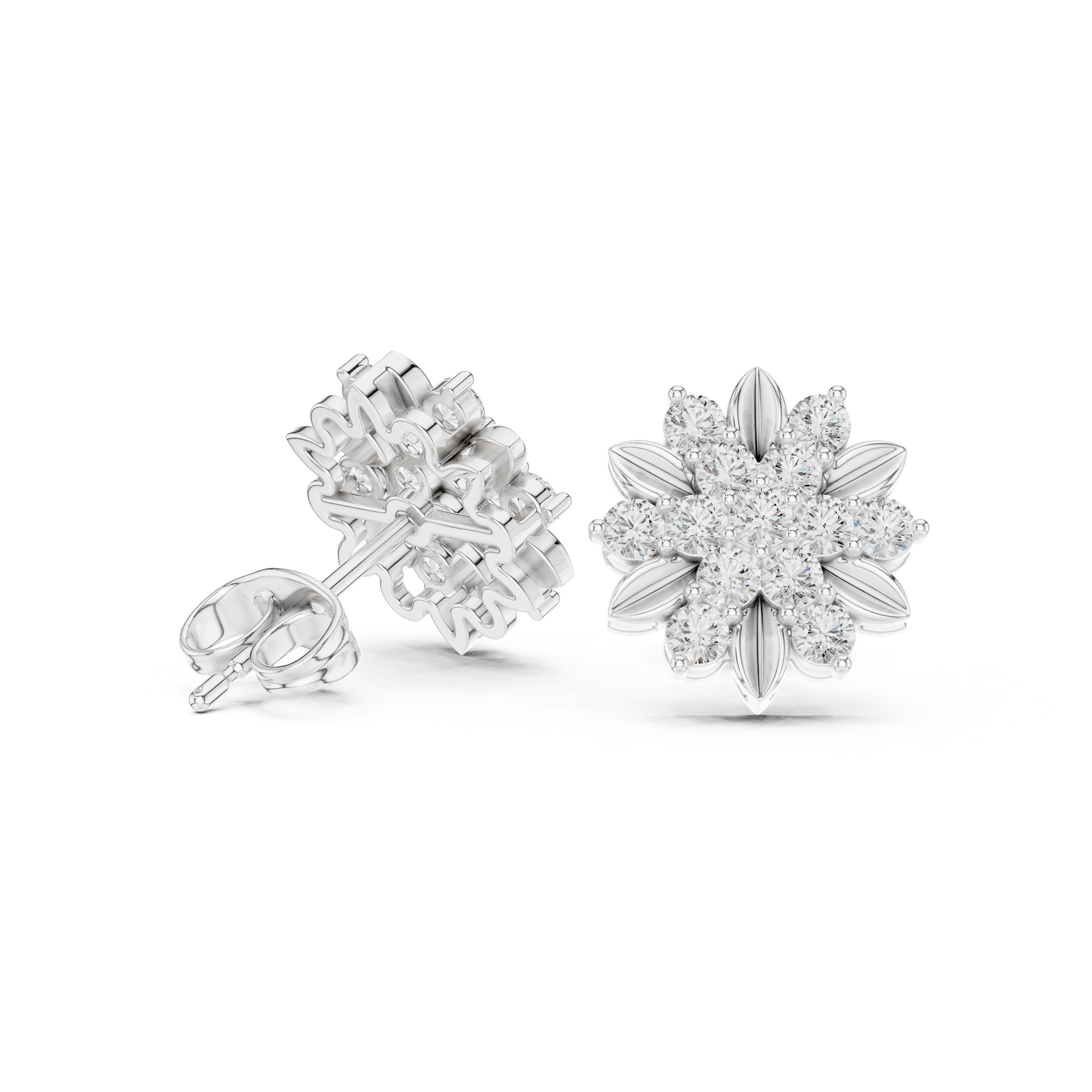Close-up of round diamond floral cluster stud earrings petal texture detail
