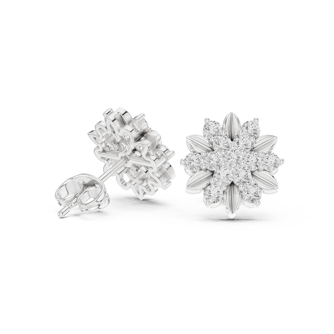 Close-up of round diamond floral cluster stud earrings petal texture detail
