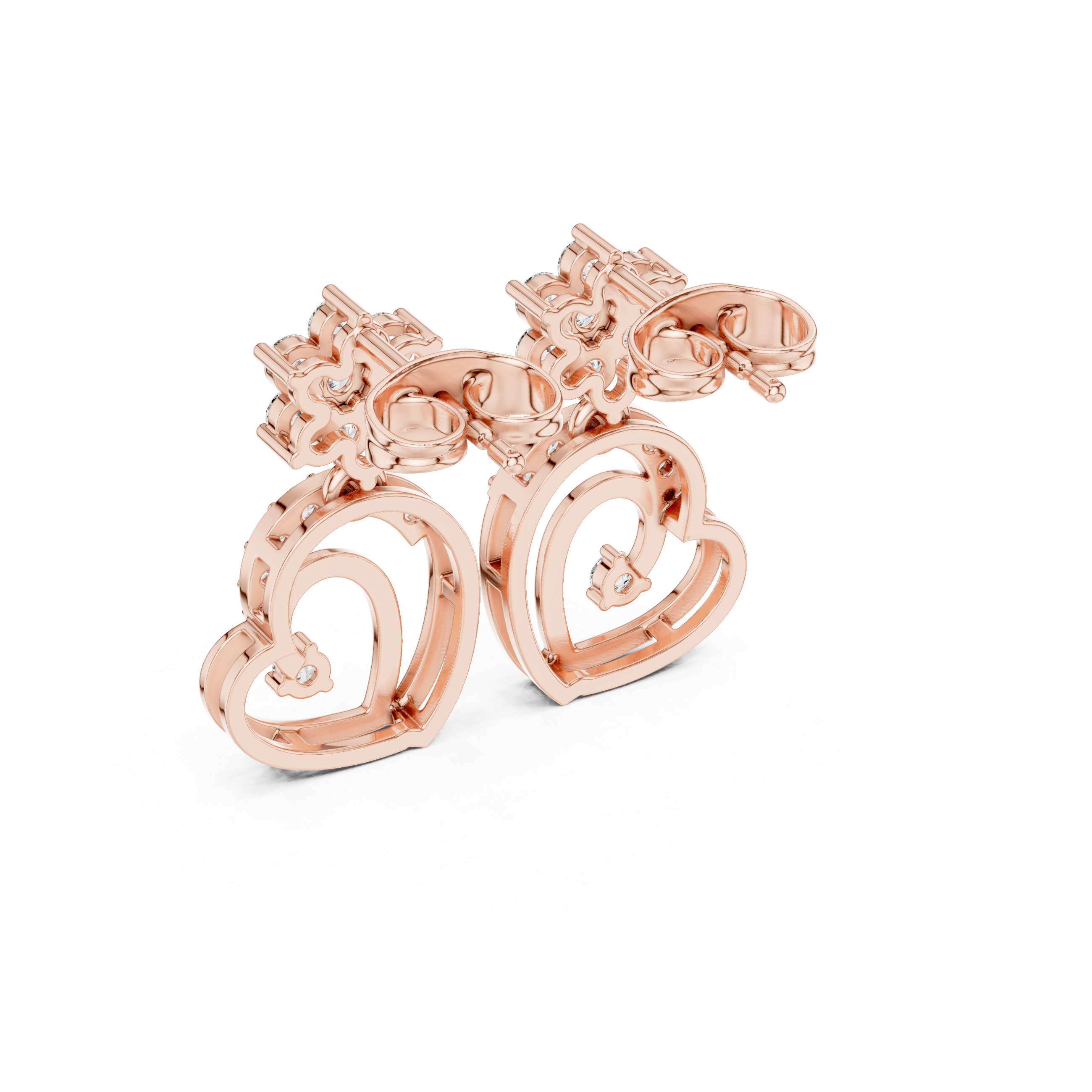 Elegant round cut diamond floral heart drop earrings pavé accent design