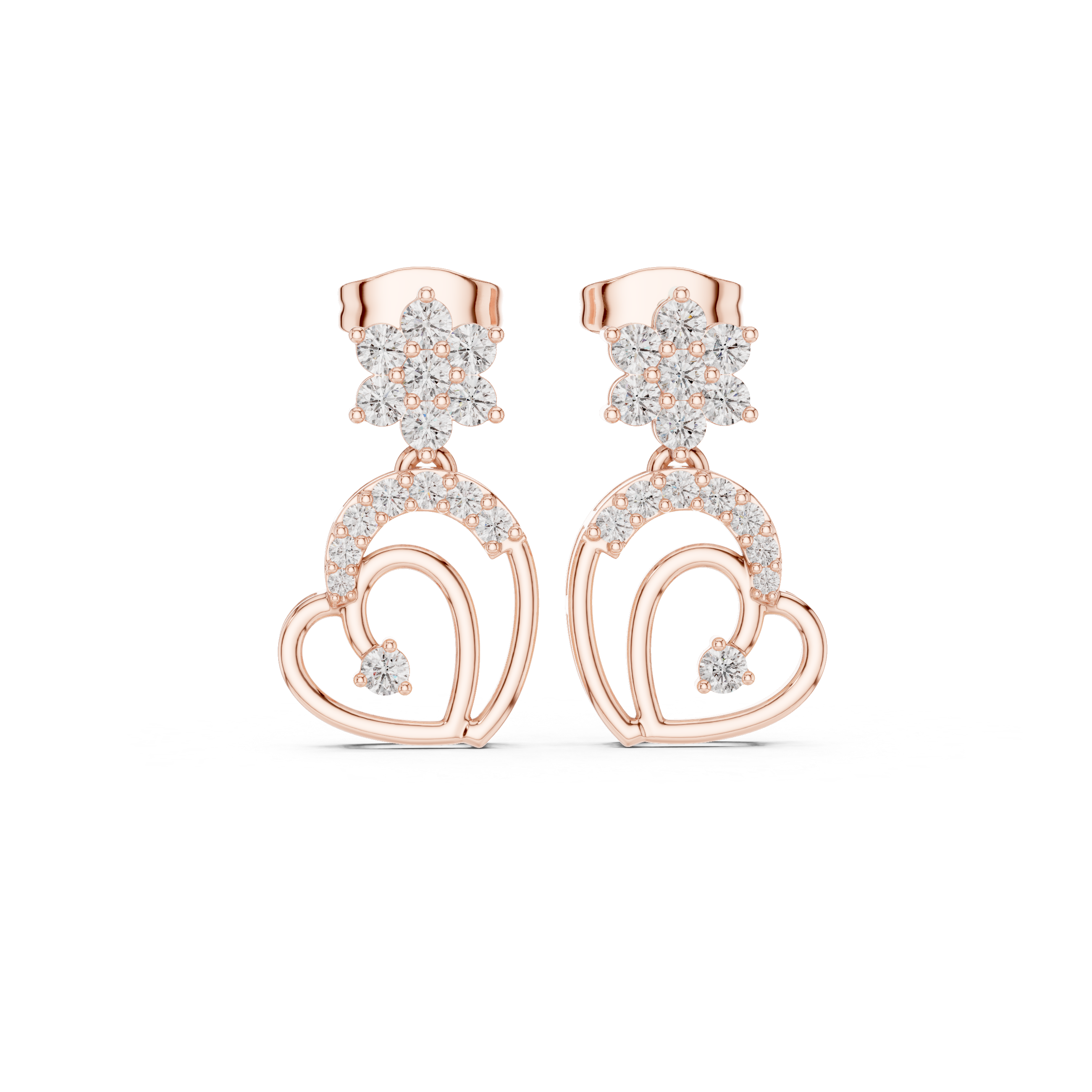 Round cut diamond floral and heart motif drop earrings with pavé accents