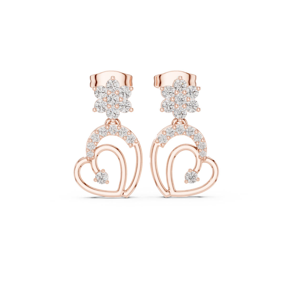 Round cut diamond floral and heart motif drop earrings with pavé accents